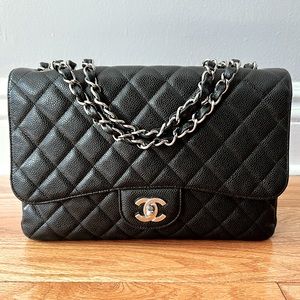 Chanel Large Single Flap Black Caviar Silver Hardware